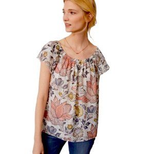 LOFT | Pastel/Gold Metallic Floral Lined Chiffon Shimmer Peasant Top Medium